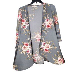Roshop Womens Gray top Floral Cotton Stretch Open Cardigan Kimono Sleeve XL